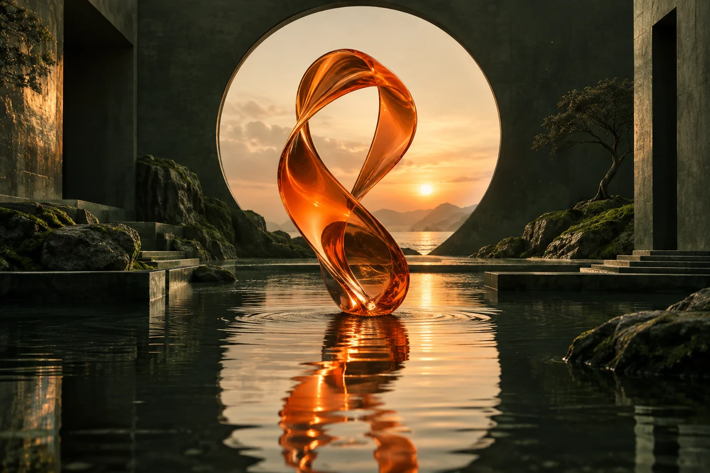 Orange glass sculpture in a moss-green courtyard