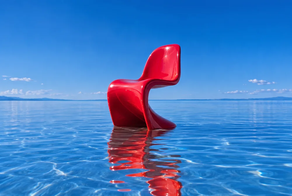 Cherry red chair on blue water, edited with Nano Banana Pro in Spicymayo