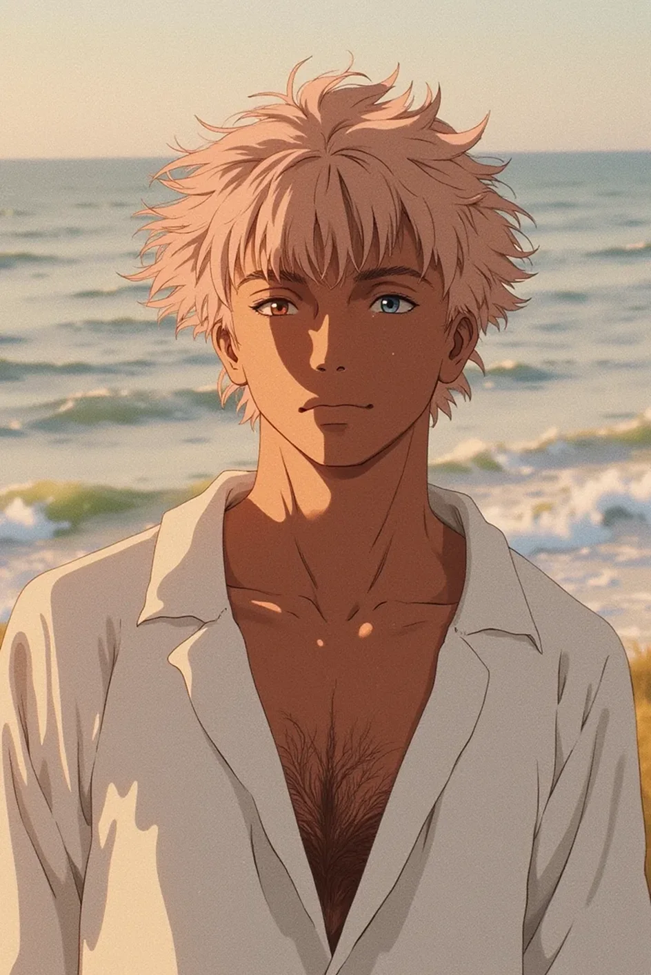 Anime-style man in an open white shirt standing beside the sea