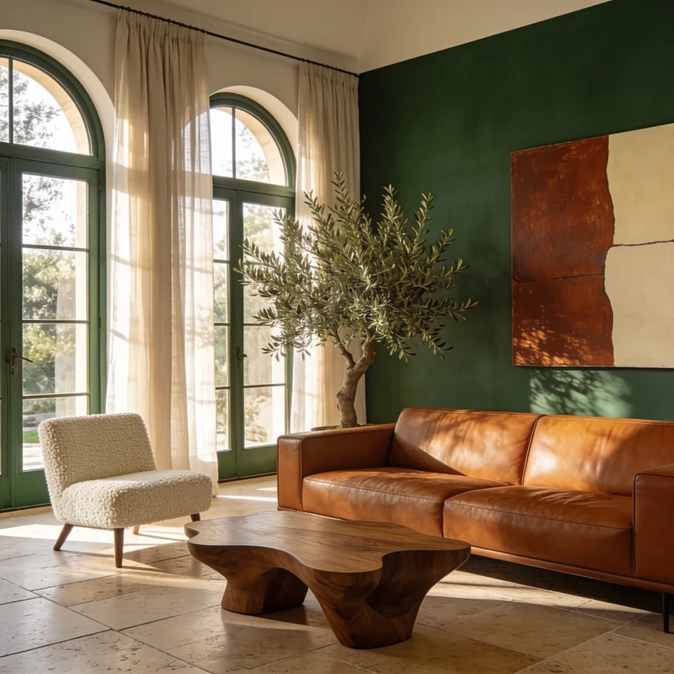 Interior concept with a caramel sofa and arched windows
