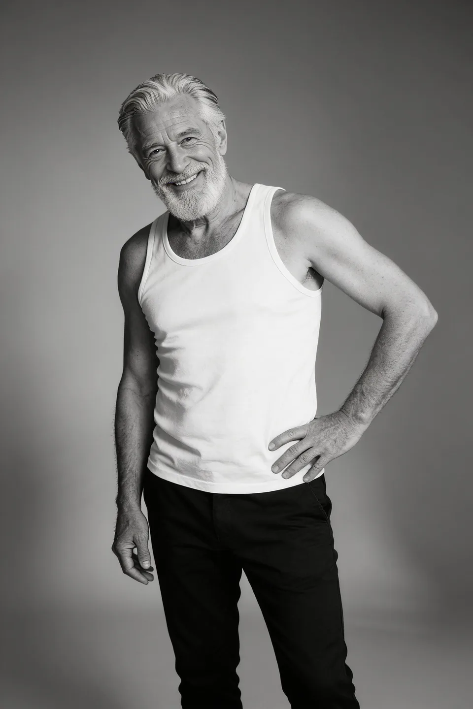 Illustrative black-and-white studio portrait of an older man