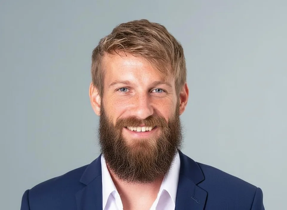 Man in a navy jacket with a neatly shaped full brown beard