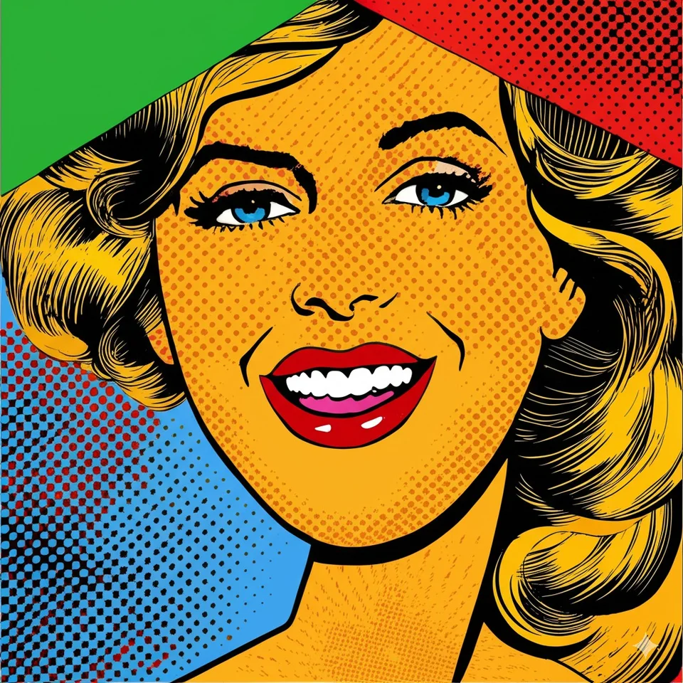 Pop-art portrait of a smiling woman with bold yellow, red, blue and green colors
