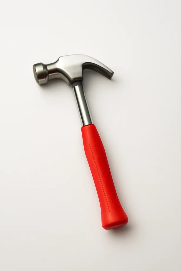 A silver hammer with a red handle isolated on a pale studio background
