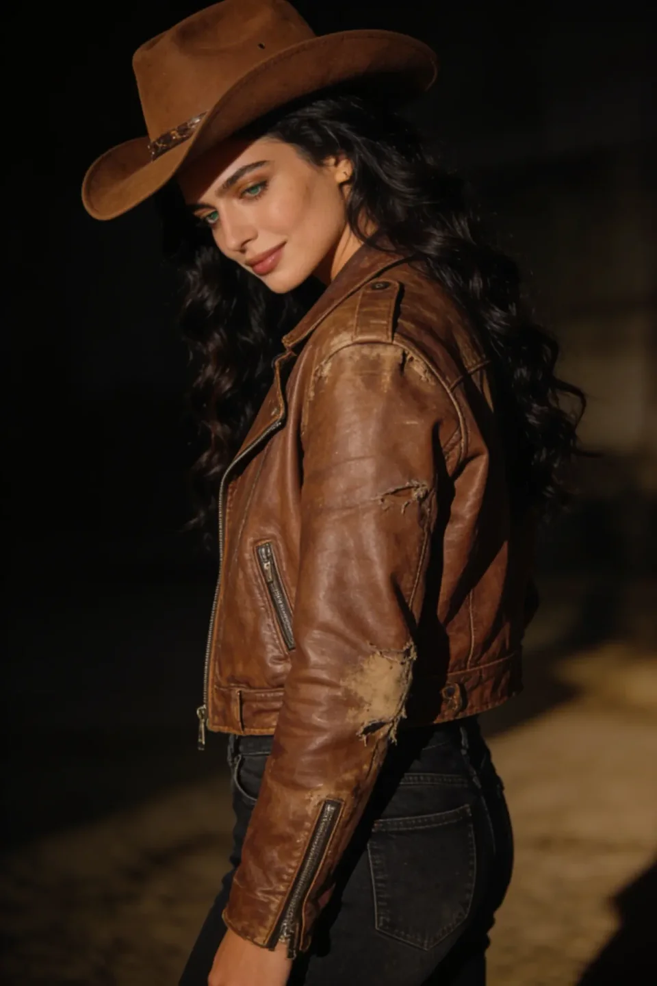 Woman wearing a brown cowboy hat and leather jacket looking back over her shoulder